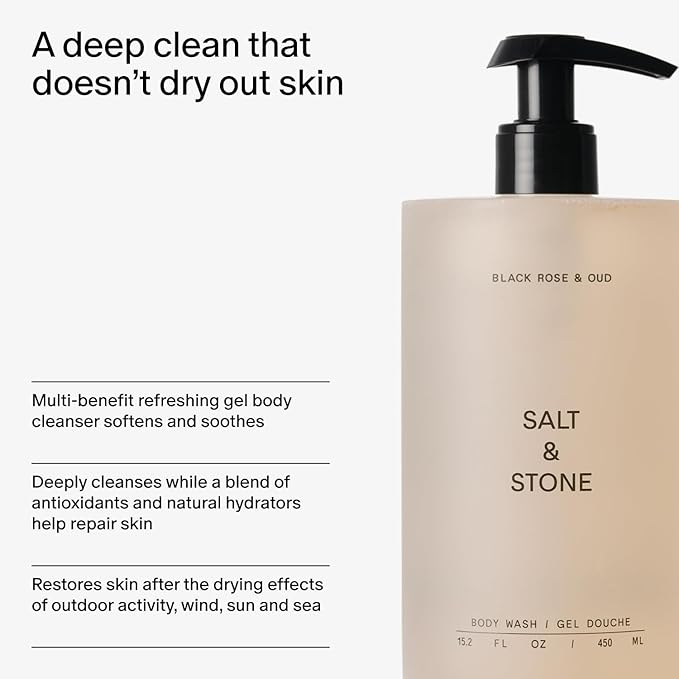 Salt & Stone Body Wash with Antioxidants for Deep Moisture | For Women & Men, Sulfate, Paraben, & Dye Free, Leaving Skin Soft and Hydrated | Black Rose & Oud 32 fl oz-GlimoraGlow