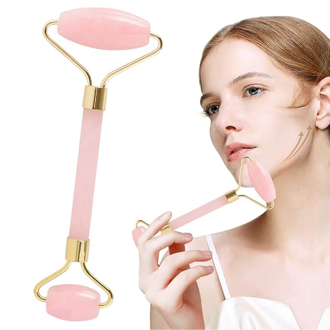 Jade Roller,Rose Quartz Roller for Face,Jade Skincare Tool,Jade Facial Roller,Eye Roller Anti Aging Jade Massager Roller Slimming Healing Chakra Tool A-Rose Quartz (Golden)-GlimoraGlow
