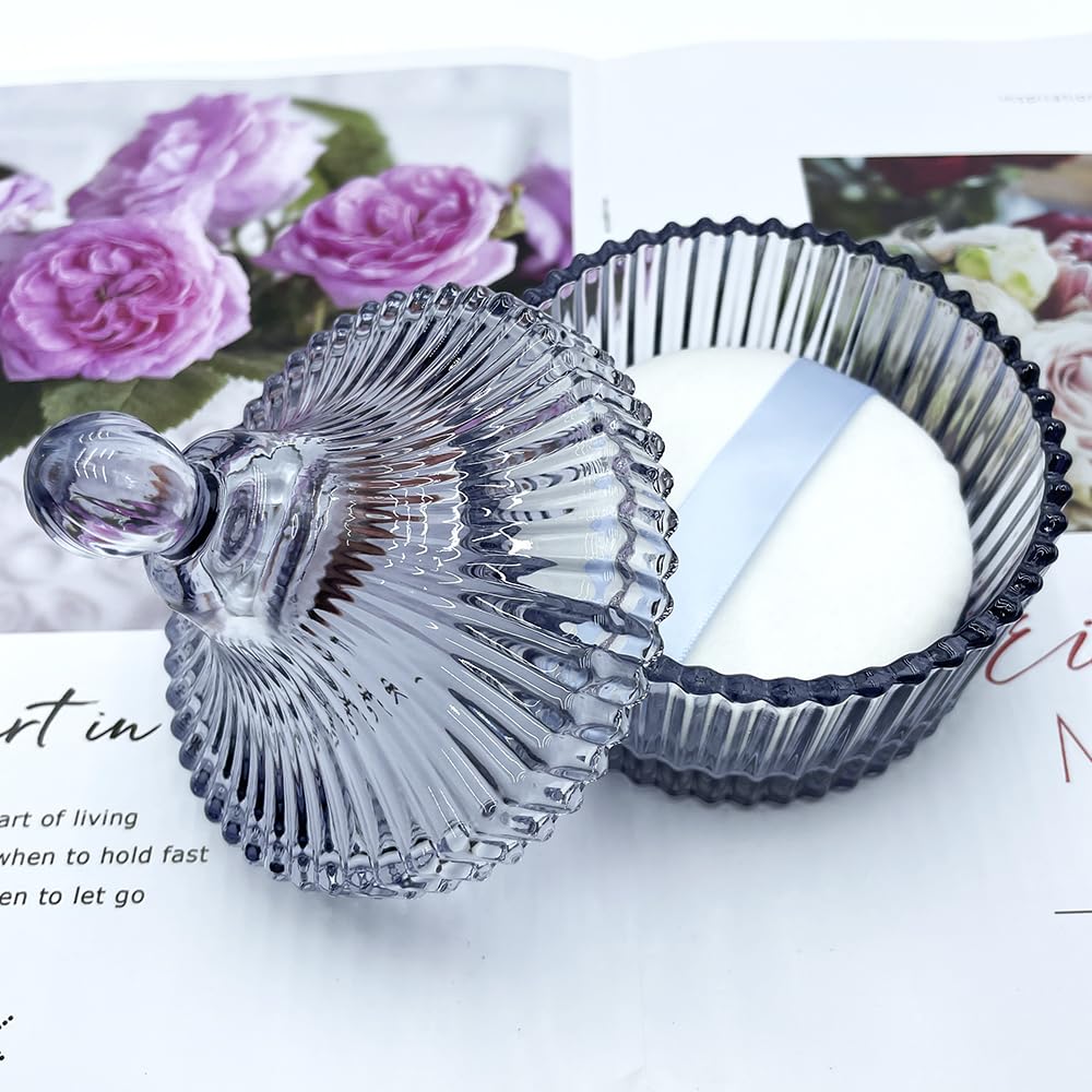 Ultra Soft Powder Puff and Container 3.3" High Density Velvet Dusting Washable Reusable Powder Puff,Body Powder Puff and Glass Jar Holder Loose Powder Box with Puff for Face Makeup(Gray)-GlimoraGlow