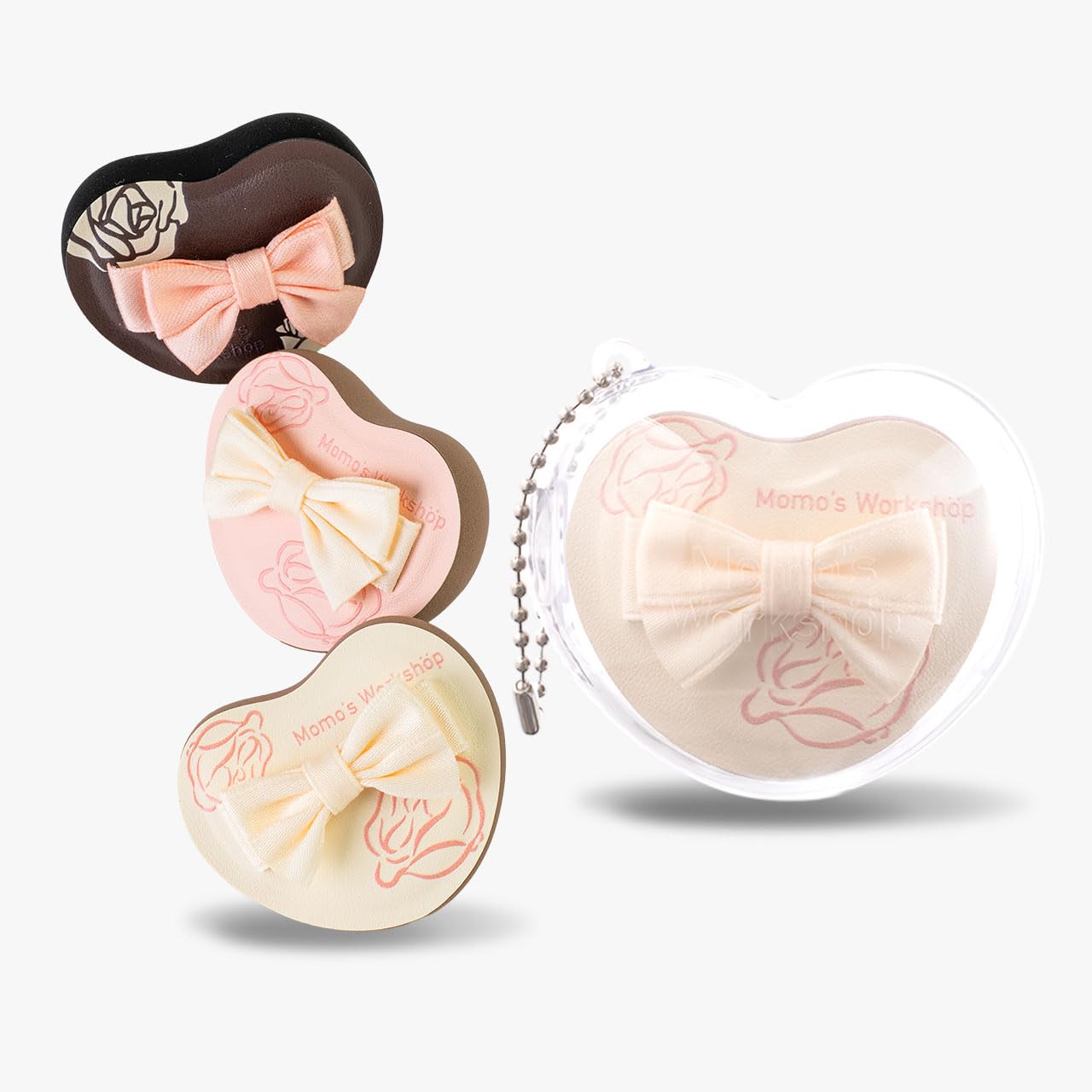 Heart-Shaped Makeup Sponge,Firm Bounce Rubycell, Foundation Sponge with Bow Tie Strap, for Precision Blending of Concealer/Cream Products, 3-Colors,Travel Friendly & Reusable & Storage Case-GlimoraGlow