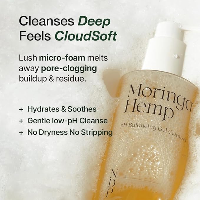 NDP Moringa Hemp Gel Cleanser, Gel-to-Foam, pH Balancing, Vegan, Non-Stripping, Hydrating Face Wash for Sensitive Skin – Fragrance-Free, Clean Beauty, Korean Skincare, 200ml / 6.76 fl oz-GlimoraGlow