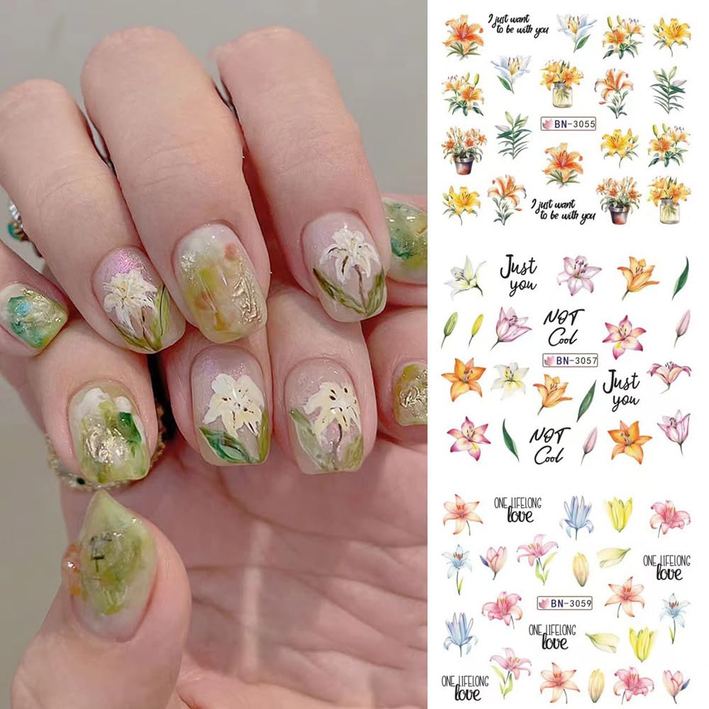 12 Designs Flower Nail Art Stickers - Lily Acrylic Decals for Spring Summer Decorations - Colorful Assorted Floral Water Transfer Slider Foil Sticker for Women-GlimoraGlow