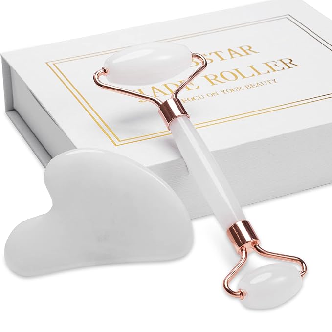 Jade Roller for Face, Facial Roller Massager Skin Care Tool, Gua Sha Facial Tools for Face, Neck, Eyes, Reduce Puffiness of The Skin - White-GlimoraGlow