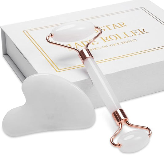 Jade Roller for Face, Facial Roller Massager Skin Care Tool, Gua Sha Facial Tools for Face, Neck, Eyes, Reduce Puffiness of The Skin - White-GlimoraGlow