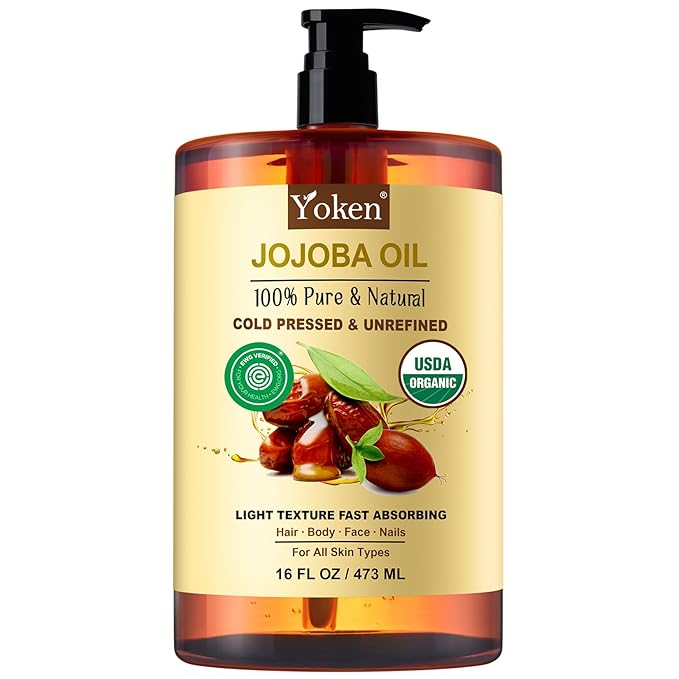 Yoken Pure Jojoba Oil Organic USDA Certified 16 fl oz, 100% Natural Jojoba Oil for Hair, Skin & Face, Cold Pressed Unrefined, Deeply Moisturizing Body Carrier Oils for Essential Oils Mixing-GlimoraGlow
