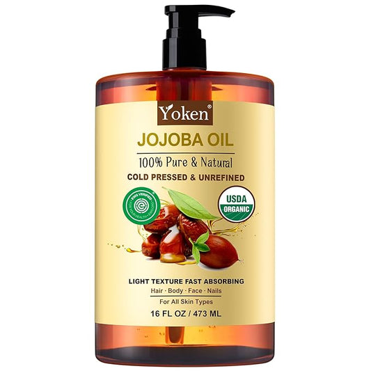 Yoken Pure Jojoba Oil Organic USDA Certified 16 fl oz, 100% Natural Jojoba Oil for Hair, Skin & Face, Cold Pressed Unrefined, Deeply Moisturizing Body Carrier Oils for Essential Oils Mixing-GlimoraGlow