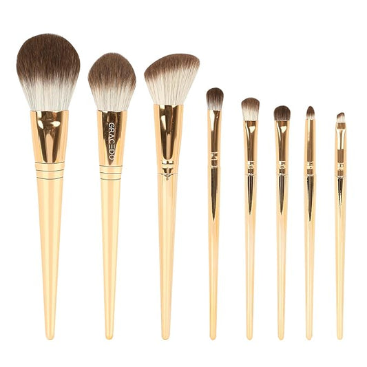 8pcs Gold Makeup Brush Set for All Skill Levels Easy Clean Soft Lint Free Brushes Travel Friendly Kit Foundation Powder Eyeshadow Blush Contour-GlimoraGlow