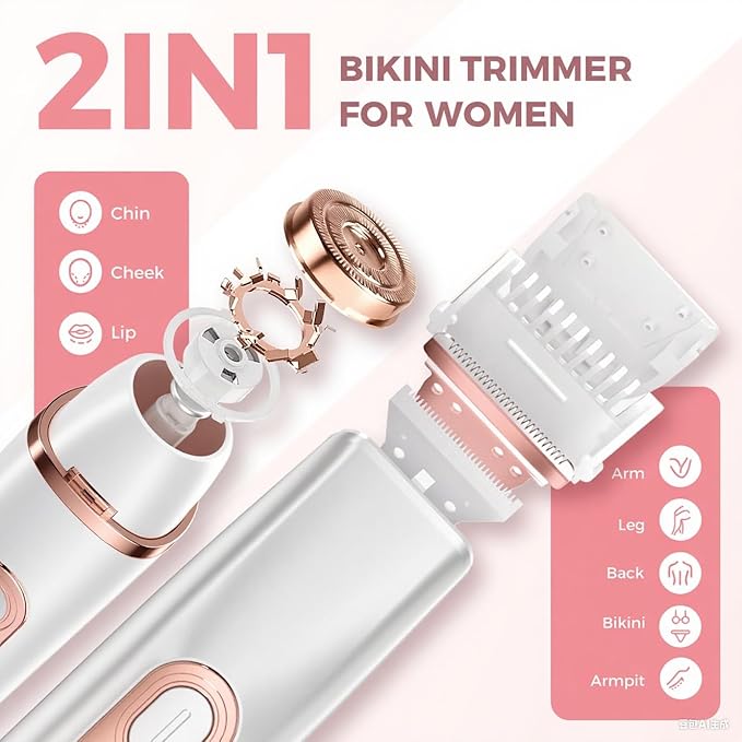 2 in 1 Bikini Trimmer for Women, Dual Head Electric Razor, IPX7 Waterproof Wet/Dry Use Women Electric Shaver, Painless Body Facial Hair Remover for Bikini Legs Arm Underarm, (White)-GlimoraGlow