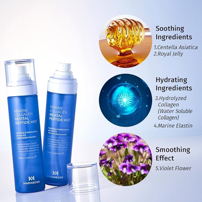 Marine Collagen Revital Peptide Mist 120ml ㅣ Fine Facial Spray for Hydration Soothing Glow ㅣ Daily Moisture Mist with Centella and Peptides-GlimoraGlow