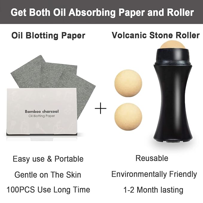 103 PCS Volcanic Roller Oily Skin Oil Control On The Go Volcanic Face Roller Oil Absorbing Volcanic Roller with Oil Blotting Sheet Paper for Oily Skin Care Oil Control Film Tissues(Type1)-GlimoraGlow
