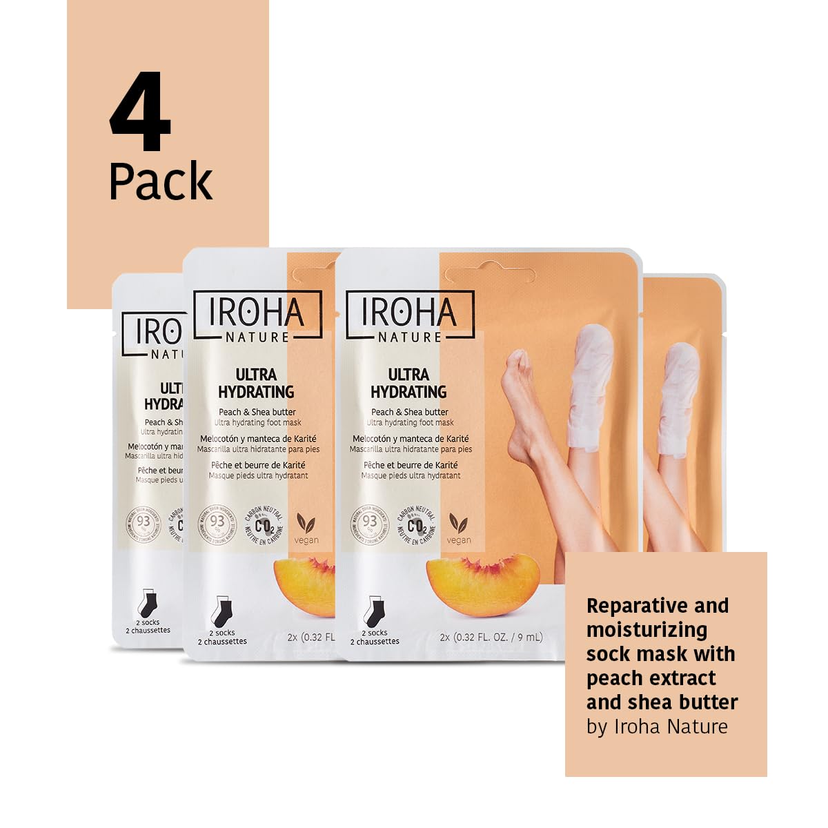 IROHA NATURE Repairing Foot Mask Socks with Peach & Shea Butter | 4 Pairs | Deep Hydration & Instant Repair | For Dry & Cracked Feet | Natural & 100% Vegan | Proven Results-GlimoraGlow