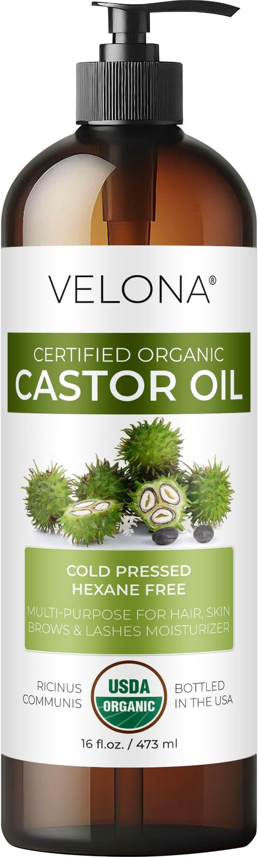 velona USDA Certified Organic Castor Oil - 16 fl oz (With Pump) | For Hair Growth, Boost Eyelashes, Eyebrows | Cold pressed, Natural Oil, USP Grade | Hexane Free, Lash Serum, Caster-GlimoraGlow
