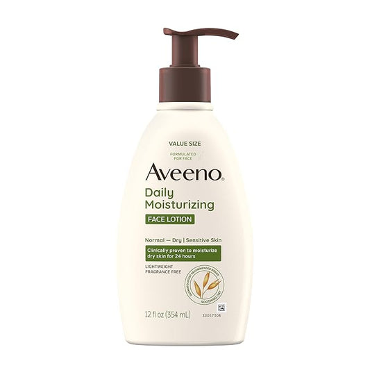 Aveeno Daily Moisturizing Face Lotion with Soothing Prebiotic Oat, Gentle Lotion Nourishes Normal to Dry Skin With Moisture, Sensitive Skin, Fragrance-Free, 12 fl. oz-GlimoraGlow
