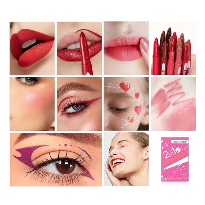 ibcccndc 6PCS Lip Liner and Lipstick Set - High Pigmented Creamy Matte Lip Liner Pencil Set for Girls and Women, Lip Makeup Gift Sets - Includes Nude and Red Lip Liners, Waterproof Formula (A)-GlimoraGlow