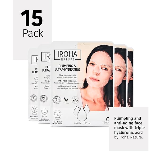 IROHA NATURE Replumping & Anti-Aging Tissue Face Mask (Pack of 15) | With Triple Hyaluronic Acid | Deep Hydration & Anti-Aging Effect | Softer, Calmer Skin | 100% Vegan-GlimoraGlow
