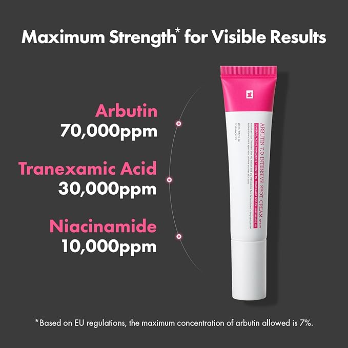 Arbutin 7% Intensive Spot Cream with 70,000ppm Arbutin, 3% Tranexamic Acid, 1% Niacinamide, Glutathione, Dark Spots, freckle, Blemishes, Anti-pigmentation, Korean Skin Care, 20ml, 0.67 fl.oz-GlimoraGlow