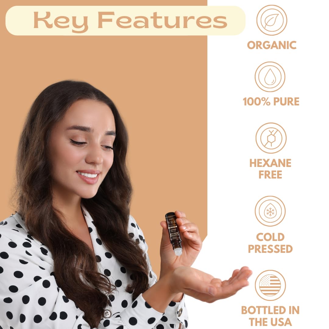 100% Organic Castor Oil Roll On For Eyebrows, Lips, Under Eyes, Eyelashes, Cuticles - Mess Free Roller Ball - Certified Organic, Cold Pressed, Hexane Free - Travel Sized Glass Bottle-GlimoraGlow