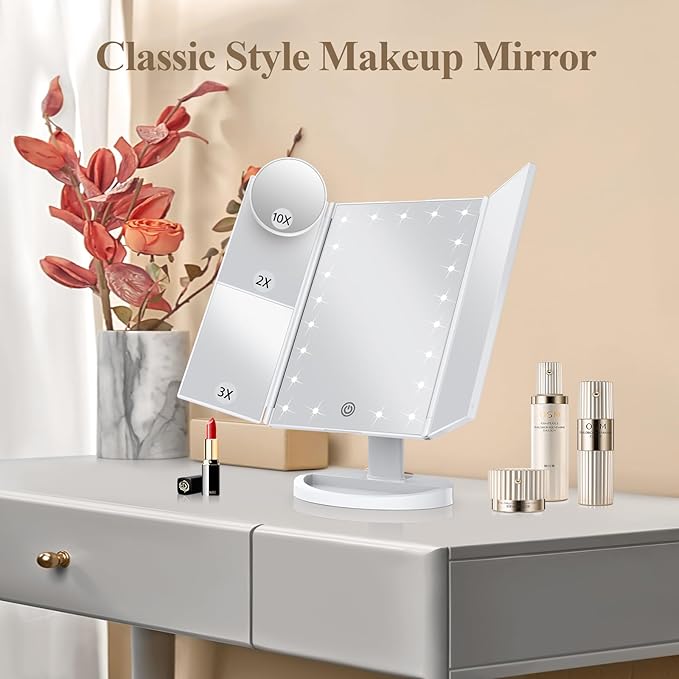 HUONUL Makeup Mirror Vanity Mirror with Lights, 2X, 3X, 10X Magnification, Touch Control, Trifold, White, 9.4" L x 13.4" W, Modern Style, Dresser Mount, Bathroom-GlimoraGlow