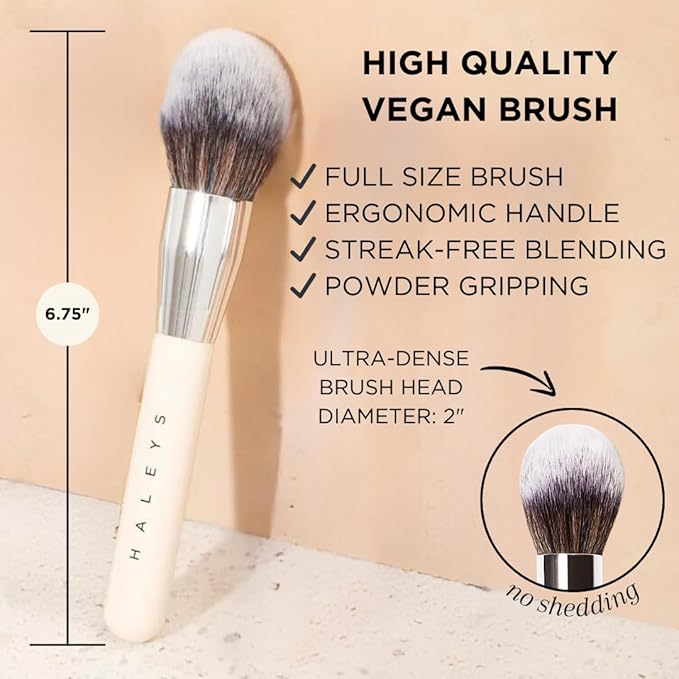 HALEYS Powder Brush VEGAN+CRUELTY-FREE, Soft, Streak-free, Perfect Blending, Buff, Blurs, Smooths, Control, Precision, Complexion tools, For powder, setting powder, blush, Sustainable Wood Handle-GlimoraGlow