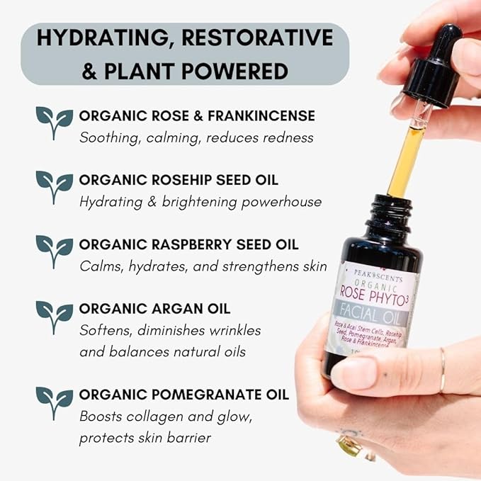Organic Rose Phyto Facial Oil - Rosehip and Argan Oil Infused with Rose Extract and Frankincense Essential Oil - Ideal for Gua Sha Massage, Anti-Aging Face Oil (1oz)-GlimoraGlow