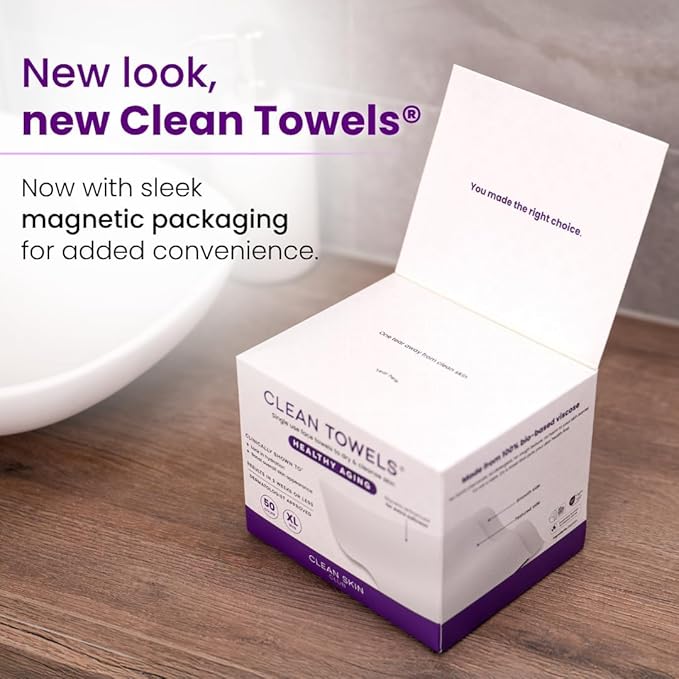 Clean Skin Club Clean Towels XL Healthy Aging™, Smooths Fine Lines Wrinkles & Texture In 6 Weeks, Treated for Extra Softness, Disposable Face Towels, Anti Aging Makeup Remover Dry Wipe (50 Ct, 1 Pack)-GlimoraGlow