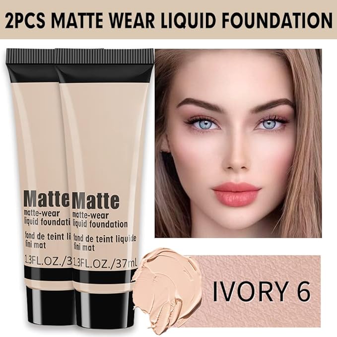 2 Pack Liquid Foundation Cream for Face Makeup,Durable Full Coverage Matte Concealer Make Up,Oil Control & Waterproof Base Primer -1+1 Fl.Oz (IVORY 6#)-GlimoraGlow