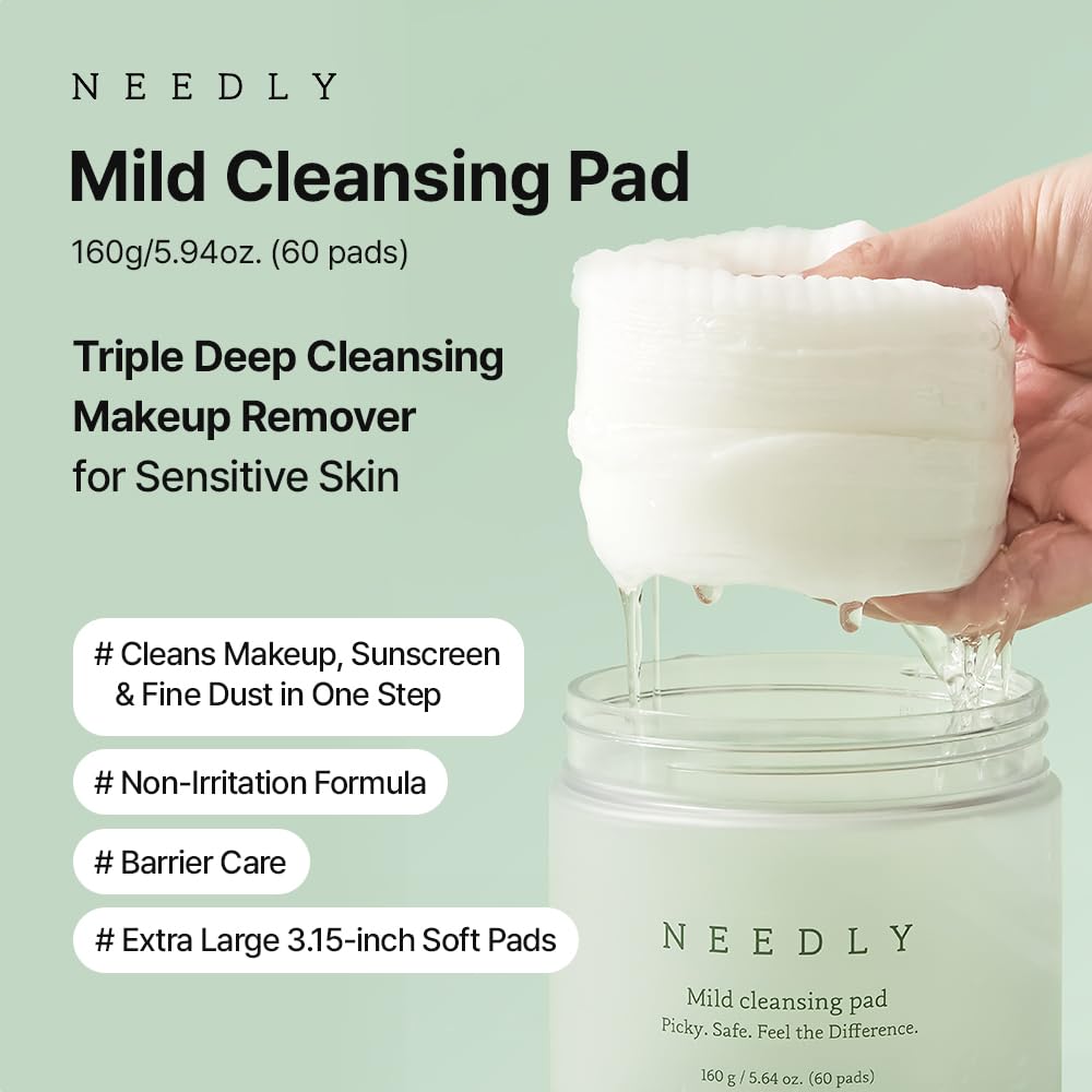NEEDLY Mild Cleansing Pad, Makeup Remover for Sensitive Skin, Triple Deep Cleansing, Barrier Care with Only Two Surfactants & Panthenol, Extra-Large Soft Vegan Pad, Korean Skincare-GlimoraGlow