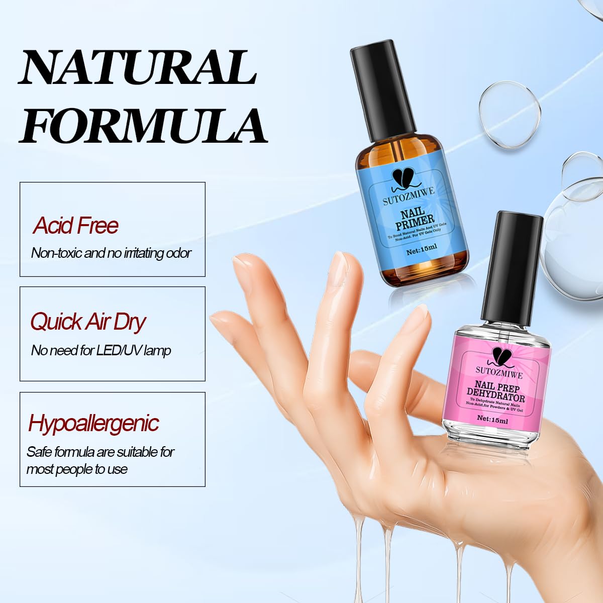 15 ml Nail Dehydrator and Primer Set, Acid Free Natural Prep Dehydrate & Bond Primer, Professional Nail Prep Kit for Acrylic Nails Gel Polish Manicure Nails Supplies Fast Dry-GlimoraGlow