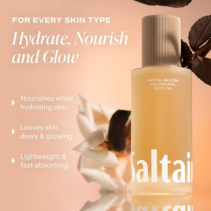 Saltair Body Oil. Luxurious Santal Bloom After Shower and Bath Oil Moisturizer for Women and Men. Botanical, Non-Greasy, and Well-Absorbing Lotion for Hydrating Dry Skin. 4oz Pump Bottle-GlimoraGlow