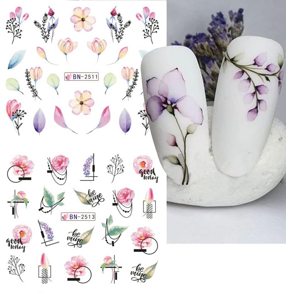 12 Sheets Flower Nail Water Transfer Decals, Nail Art Stickers for Women, Holographic Colorful Flower Leaf Patterns Nail Designs Supplies, Acrylic Nails Decorations DIY Resin Nail Decal Tattoos Set-GlimoraGlow