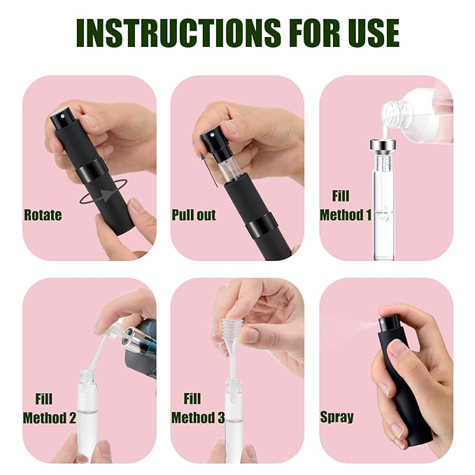 2 PCS/8ml Portable Mini Perfume Atomizer bottles, Empty Refillable Spray Bottle with 3 Types of Refill Tools, Pocket Travel Perfume Sample Bottles(Matte Black)-GlimoraGlow