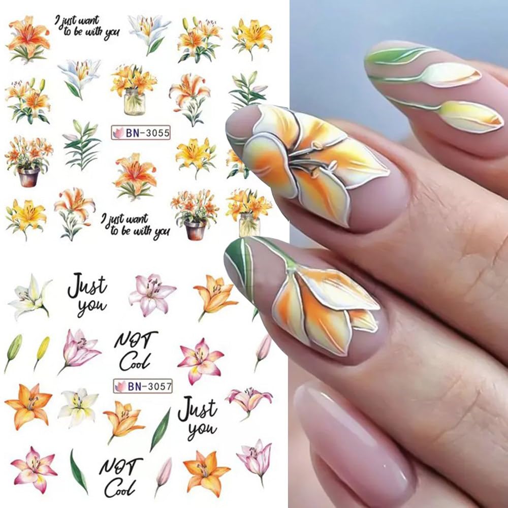 12 Designs Flower Nail Art Stickers - Lily Acrylic Decals for Spring Summer Decorations - Colorful Assorted Floral Water Transfer Slider Foil Sticker for Women-GlimoraGlow