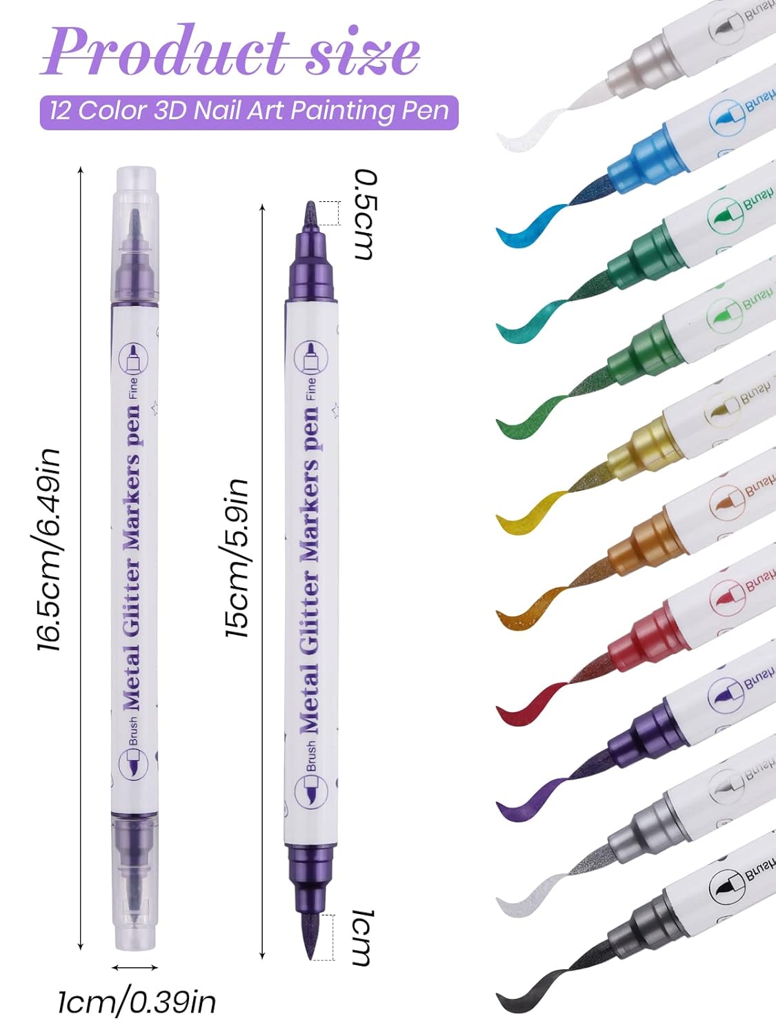 10 Color Metal Giltter 3D Nail Art Pens Set, Kalolary Double-ended Nail Point Dotting Pen Drawing Painting Liner Brush for DIY Nail Art Beauty Adorn Manicure Tools(G)-GlimoraGlow