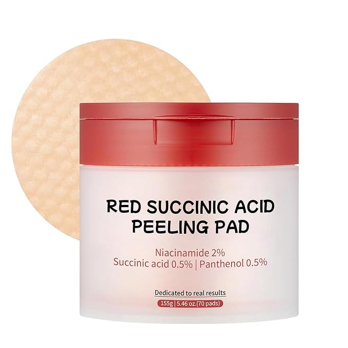 Red Succinic Acid Facial Peeling Pads with Niacinamide, AHA, BHA & Panthenol - Exfoliating Toner Pads for Breakout-Prone Skin - Non-Comedogenic & Soothing (70pads)-GlimoraGlow