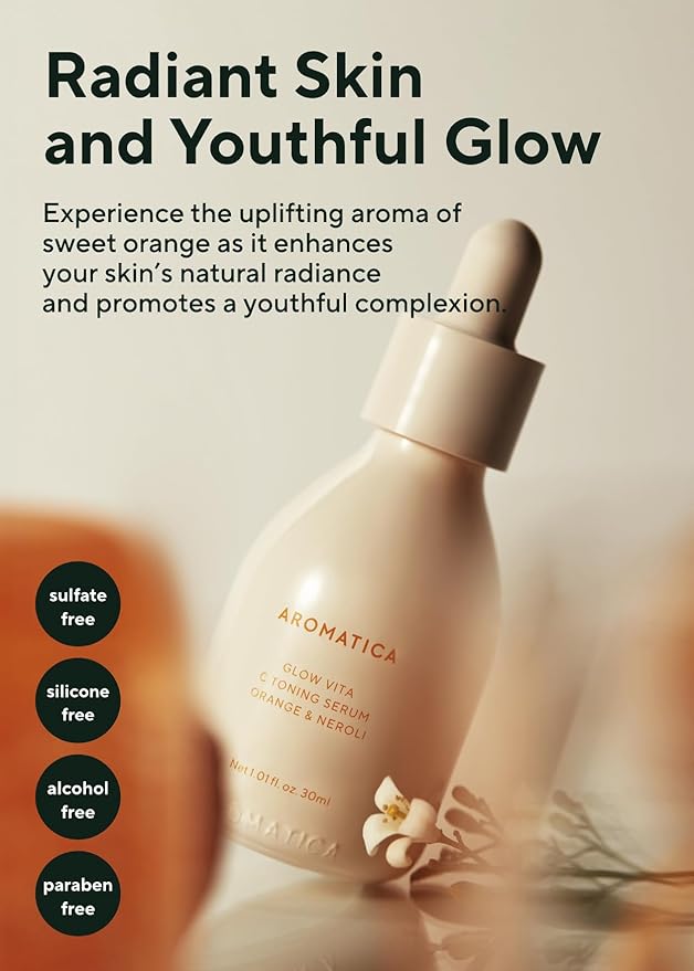 AROMATICA Glow Vita C Toning Serum Orange & Neroli 30ml/1.01 fl. oz - Orange Vitamin C Serum for Face with Hyaluronic Acid For Sensitive Skin-GlimoraGlow