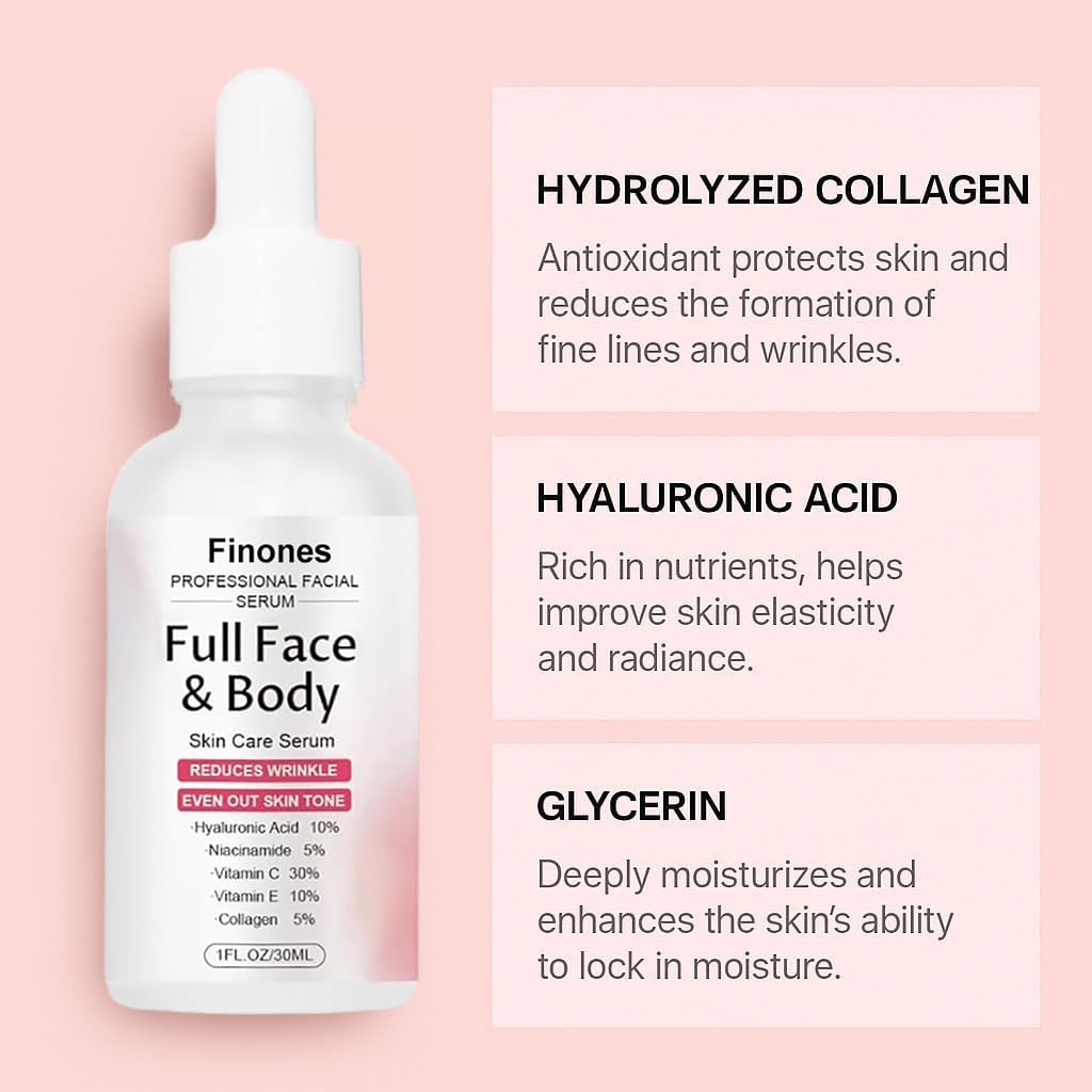 Skin Vitamin Serum, Finones Full Face and Body Serum, 5 in 1 Anti Wrinkle Firming Suero, Anti-Aging Essence, Lifting Firming Essence, Hydrate Moisturize, Reduce Fine Lines-GlimoraGlow