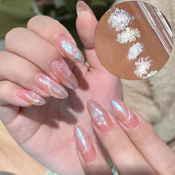 Iridescent Nail Glitter Set, 6 Colors Mud Texture Aurora Chrome Powder, Pink Blue Pearlescent Glitter, Chameleon Nail Flakes Gold Leaf, Holographic Manicure Decor-GlimoraGlow