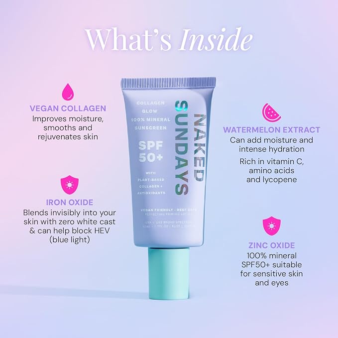 Naked Sundays SPF 50 Daily Facial Moisturizer, All-in-one Mineral Sunscreen, Face Lotion, Makeup Primer with Broad Spectrum UVA/UVB + Zinc Oxide, 50ml-GlimoraGlow
