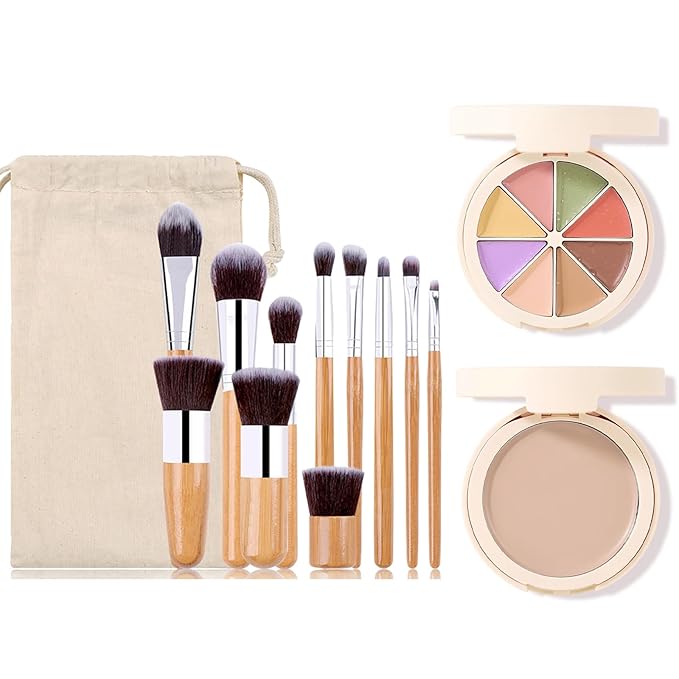 Foundation Concealer Palette with Makeup Sponges & Applicator, 11 Pcs Foundation Powder Concealers Eye shadows Blush Makeup Brushes, 2 in 1 Compact Contouring Duo Layer Plate, Pearl White-GlimoraGlow