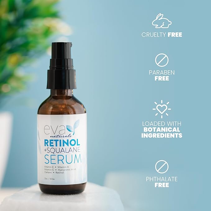 Eva Naturals Retinol + Squalane Serum – Anti Aging Face Serum for Wrinkles, Collagen Boost, Eye & Night Use – Retinoid Skin Care for Acne, Pores, Dark Spots & Sensitive Skin-GlimoraGlow