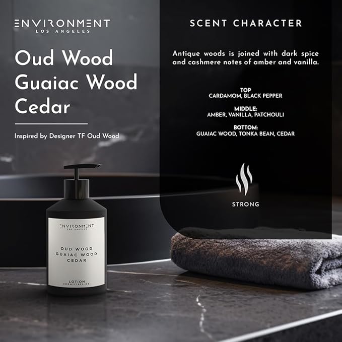 ENVIRONMENT Inspired by Designer TF Oud Wood Lotion, 300ml Luxury Scented Lotion (Oud Wood | Guaiac Wood | Cedar) Bathroom Luxury, Men & Women High-End Body Lotion, Hand Cream, Dry Skin Treatment-GlimoraGlow