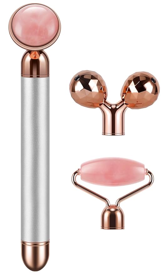 DANGSHAN 3-in-1 Electric Jade Roller 3D Roller Facial Roller & Face Massager, Rose Quartz-GlimoraGlow