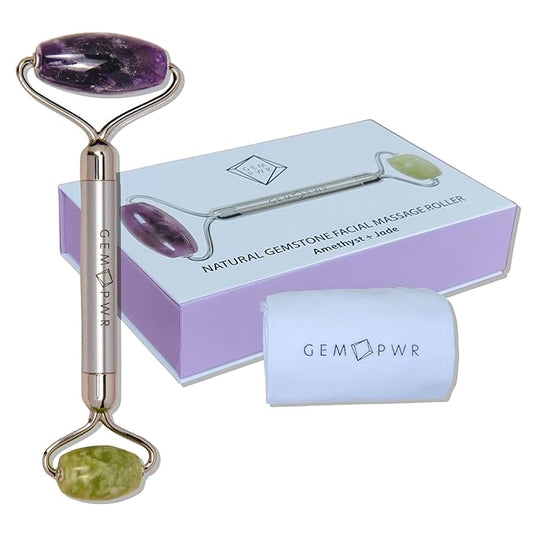 Amethyst + Jade Roller for Face and Neck Massage, Dual Gemstones with Durable Steel Handle and Travel Bag. Minimize Wrinkles, Reduce Puffiness and Restore Skin's Elasticity and Radiance-GlimoraGlow