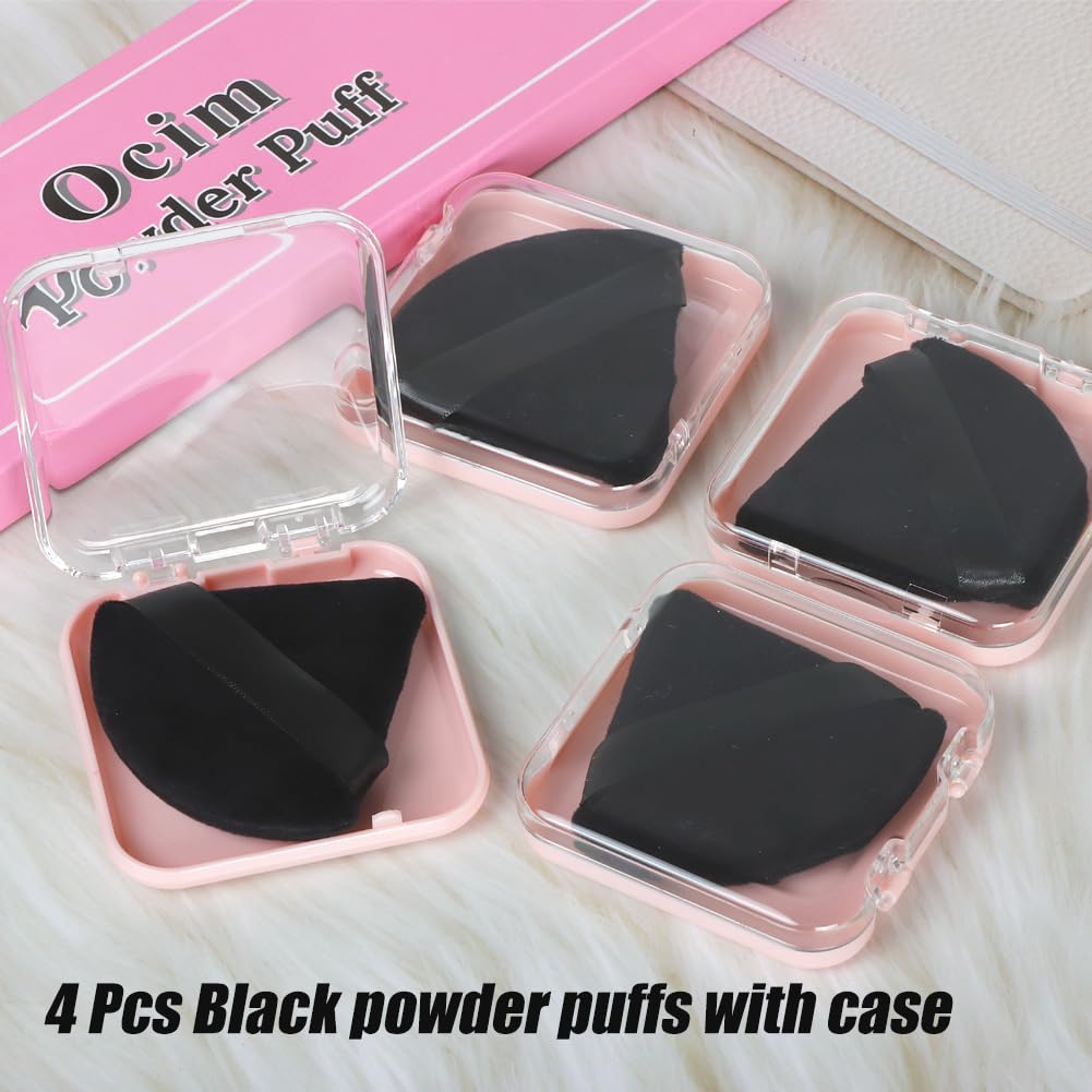 Ocim 4 Pcs Triangle Powder Puffs for Face Powder,Soft Velour Triangular Beauty Puff,Makeup Pressed, Baking & Setting Powder Sponge Applicator Pads with Case,black-GlimoraGlow