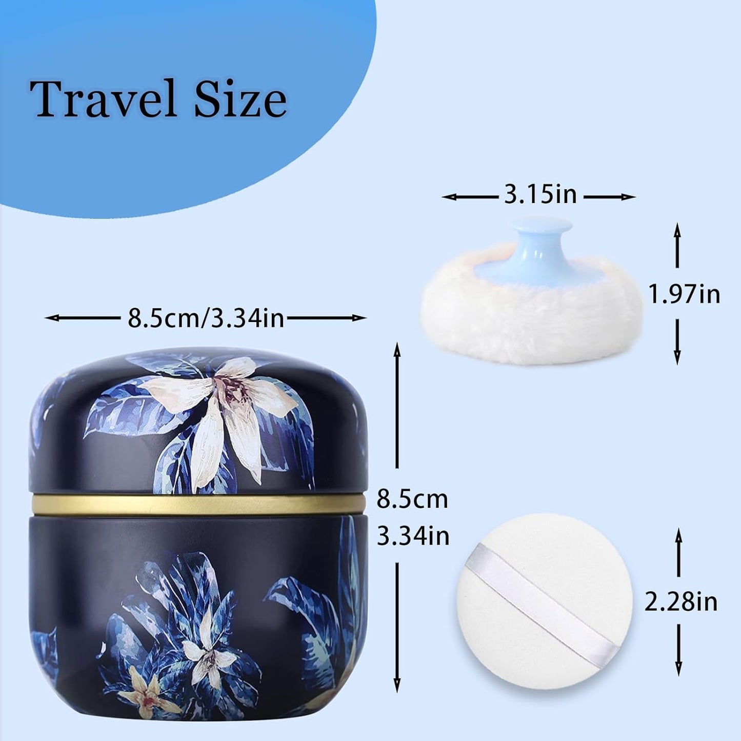 SHIMIDO Body Powder Puff and Container, 3.15" Portable Empty Body Powder Container for Baby Women's Loose Dusting Powder, Powder Case Box with Lids for Bath, Travel and Home Use (Dark Night)-GlimoraGlow