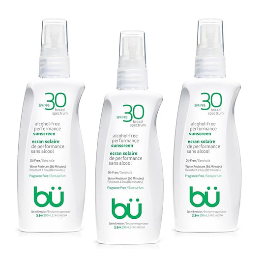 BU SPF 30 Sunscreen Spray for Face and Body, Fragrance Free, TSA Travel Size Sunscreen, Clear, Non Greasy, Water Resistant, for Sensitive Skin, 3.3 oz (3 Pack)-GlimoraGlow