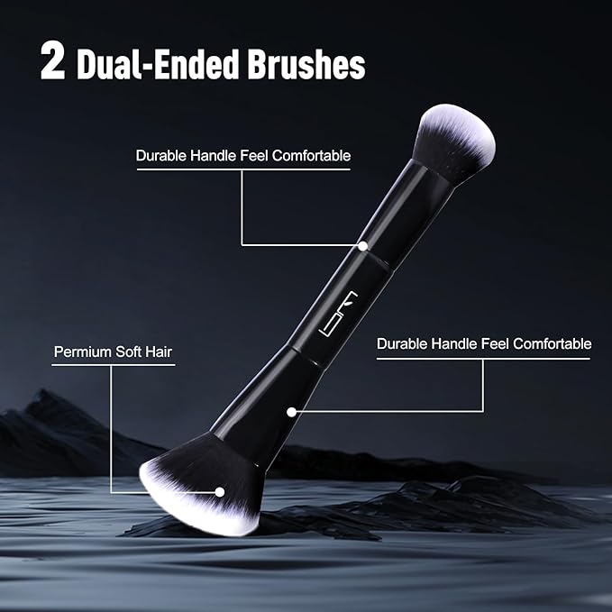 2Pcs Duo End Makeup Brushes, Foundation, Powder, Contour, Concealer, eye makeup Brush, Double-ended Multi-functional Synthetic Cosmetic Tools Makeup Brushes(Black)-GlimoraGlow