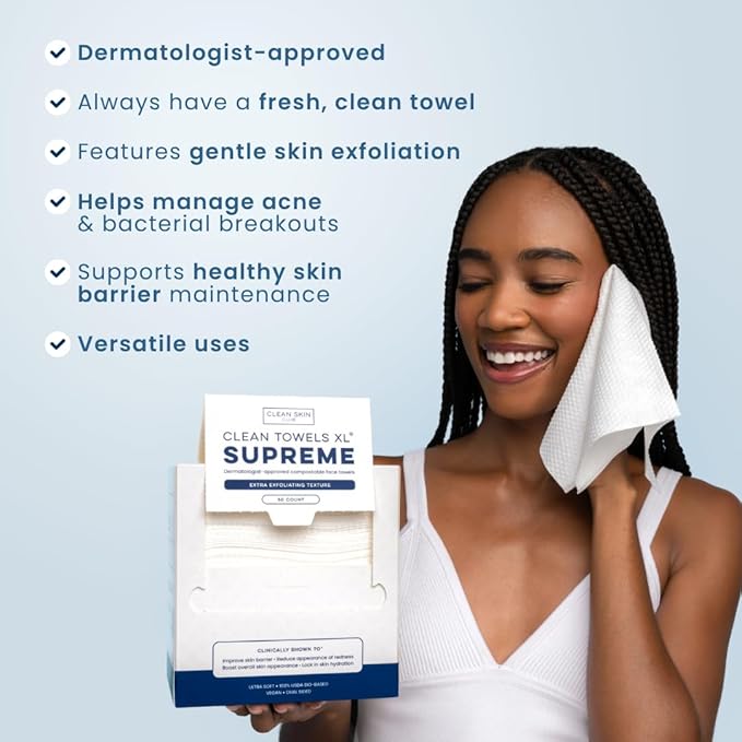Clean Skin Club Clean Towels XL™ Supreme, 100% USDA Biobased Dermatologist Approved Face Towel, Gentle Exfoliation, Disposable Facial Washcloth, Makeup Remover Dry Wipes, 50 Count-GlimoraGlow