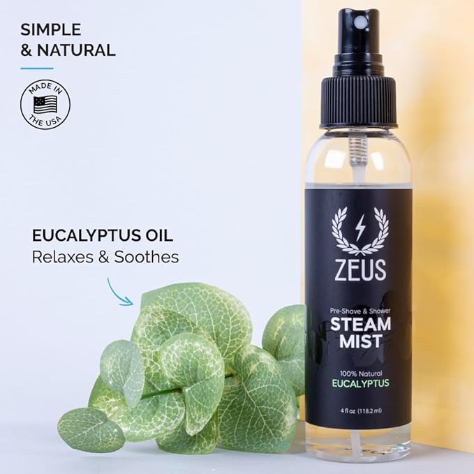 ZEUS 100% Natural Eucalyptus Oil Steam Mist, Aromatherapy Spray for Shower, Sauna, Bath & Pre-Shave, Nasal Relief & Spa-Inspired Refreshment (Made in USA) 4 oz.-GlimoraGlow