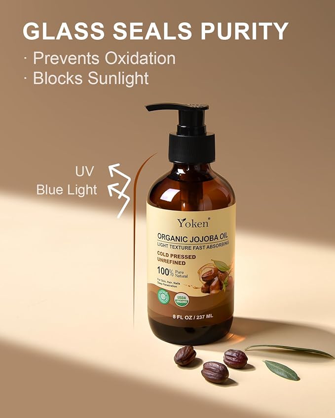 Yoken Organic Jojoba Oil Glass Bottle 8 fl oz, USDA Certified 100% Pure & Natural Jojoba Oil for Hair, Skin & Face, Cold Pressed Unrefined Hexane Free, Deeply Moisturizing Body Serum Oils for Gua Sha-GlimoraGlow